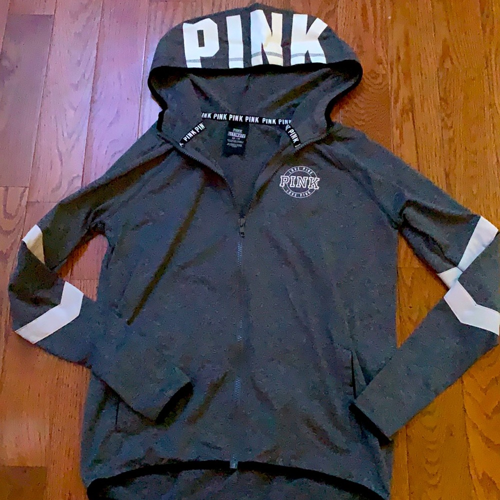 Victoria’s Secret Pink hooded zip up sweatshirt with pink logo across the hood